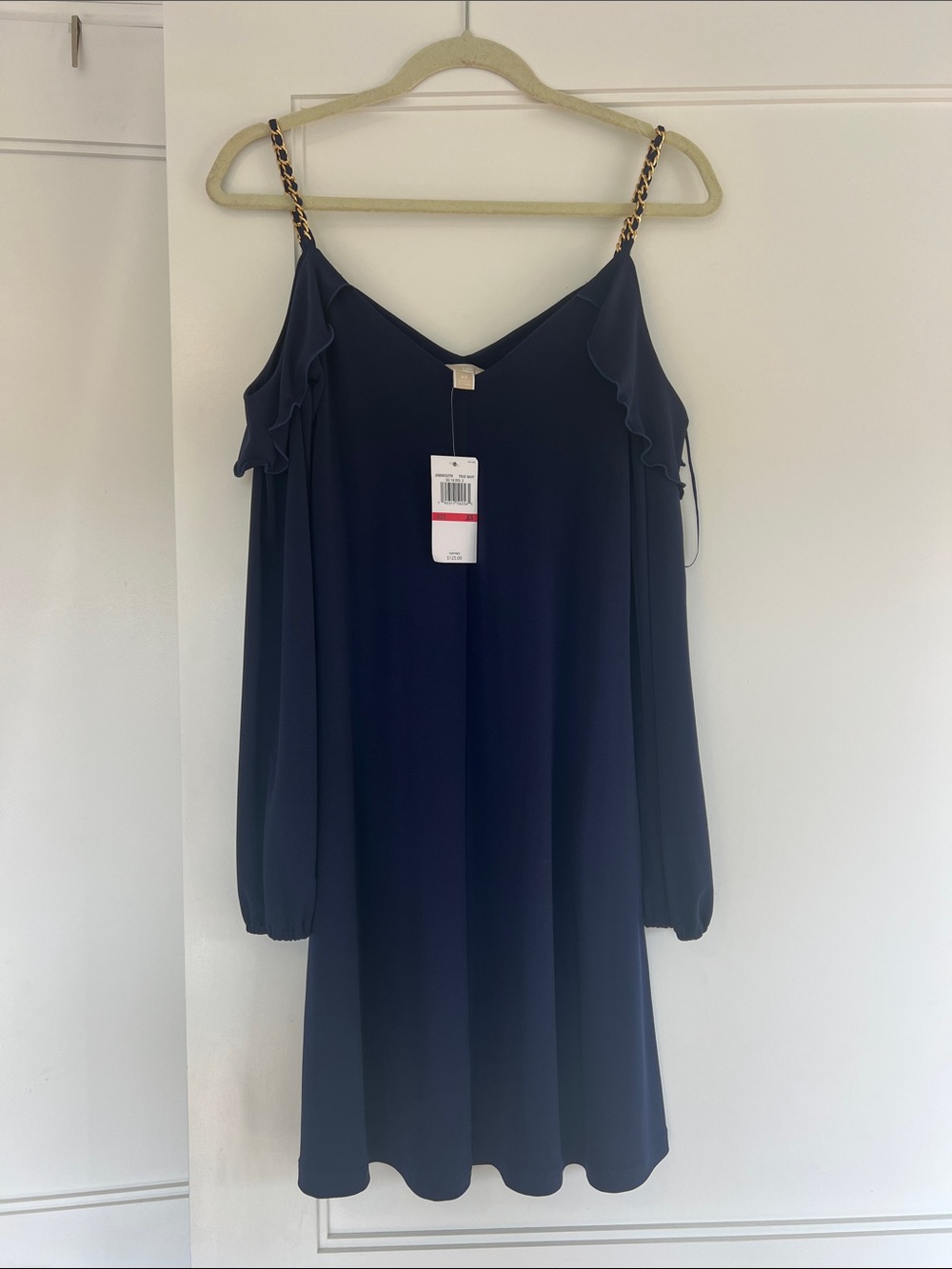 Michael Kors Cold Shoulder Navy Blue with Gold Chain Straps NWT